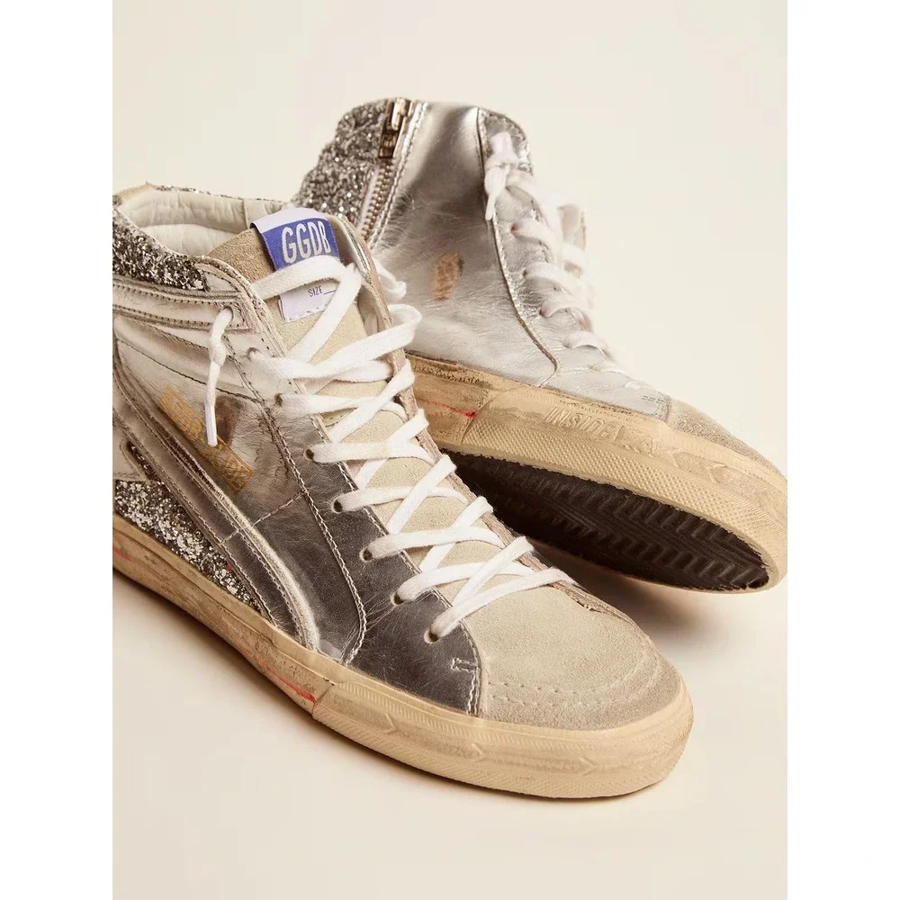 Golden Goose Slide with Laminated Leather‎ Upper and Silver Glitter Size 36